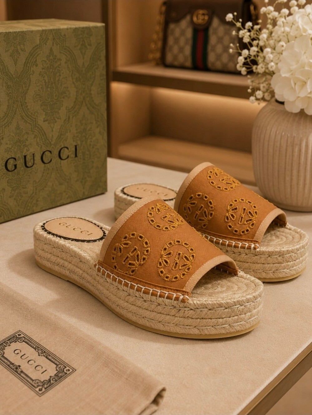 Gucci Embroidered Espadrille Platform Slides